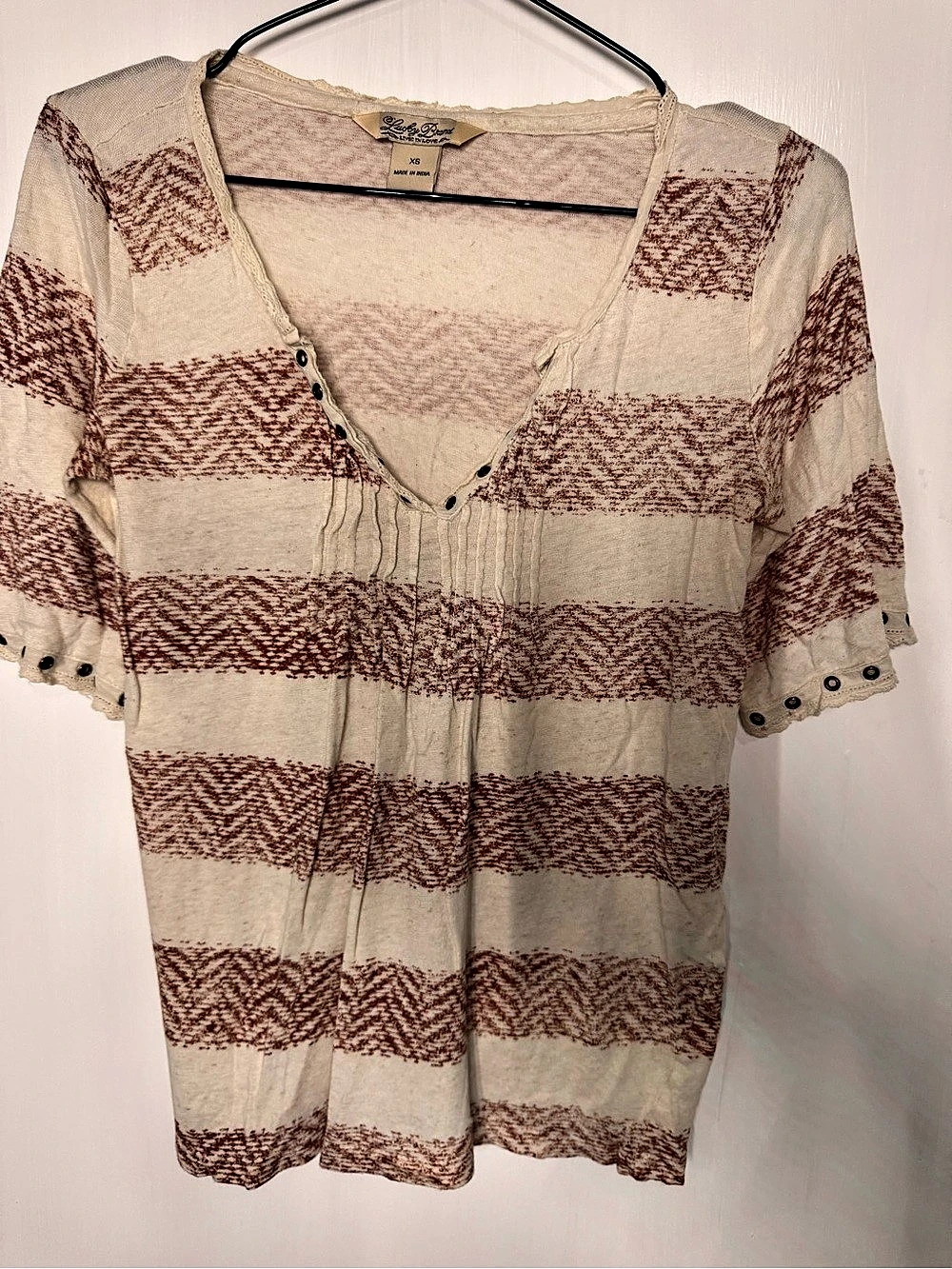 Lucky Brand Printed Short Sleeve Blouse in Brown & Cream Size XS